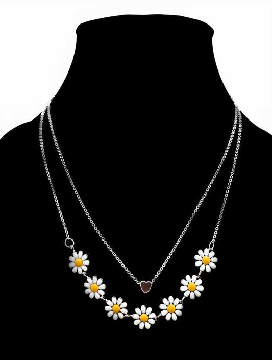 Beautiful Golden Daisy Heart Two-Layered Necklace